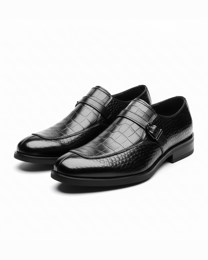 Men's luxury black monk strap loafers in crocodile texture, ideal for formal wear and executive events.