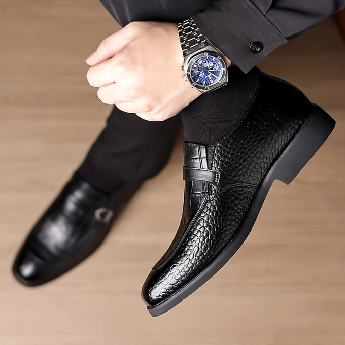 Pair of men's formal monk strap dress shoes, crafted from high-quality leather with a unique crocodile texture.