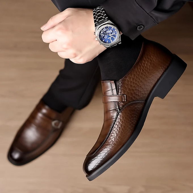 Men's formal wear: crocodile texture monk strap loafers, designed for the discerning gentleman.