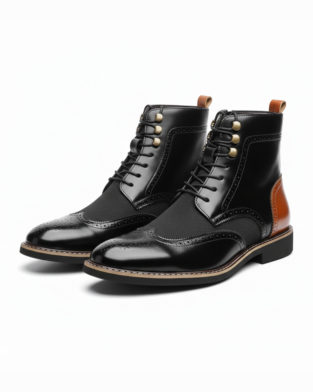 Men's luxury brogue dress boots in rich brown leather, showcasing wingtip detail and fine craftsmanship.
