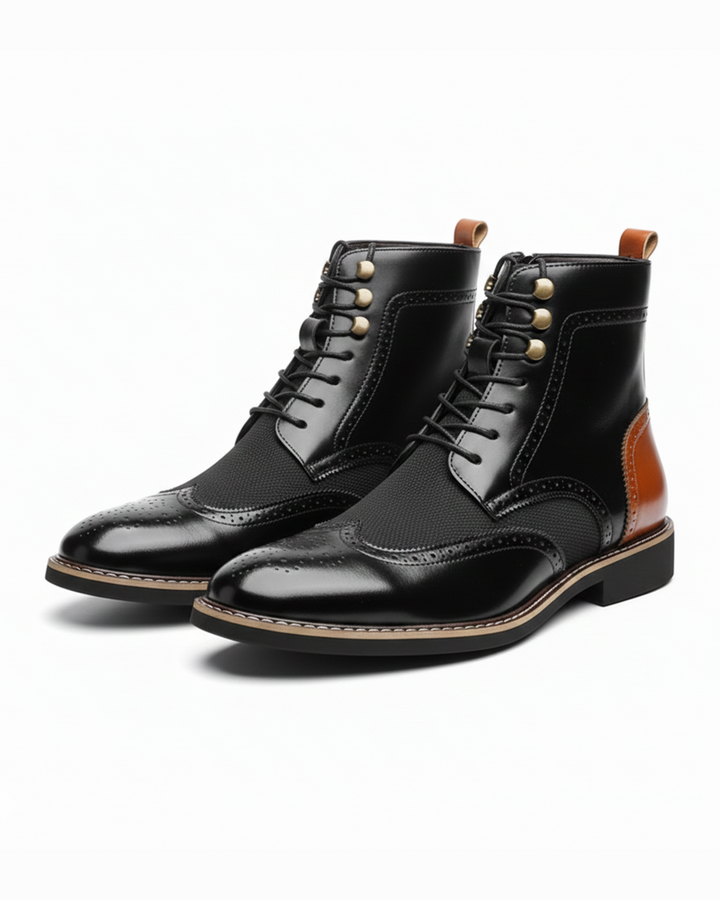 Men's luxury brogue dress boots in rich brown leather, showcasing wingtip detail and fine craftsmanship.