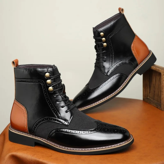 Side view of a men's formal brogue boot, highlighting the durable leather and elegant silhouette.