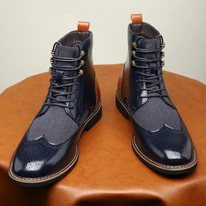 Full-length view of men's stylish brogue boots, presenting a sophisticated and timeless footwear option.