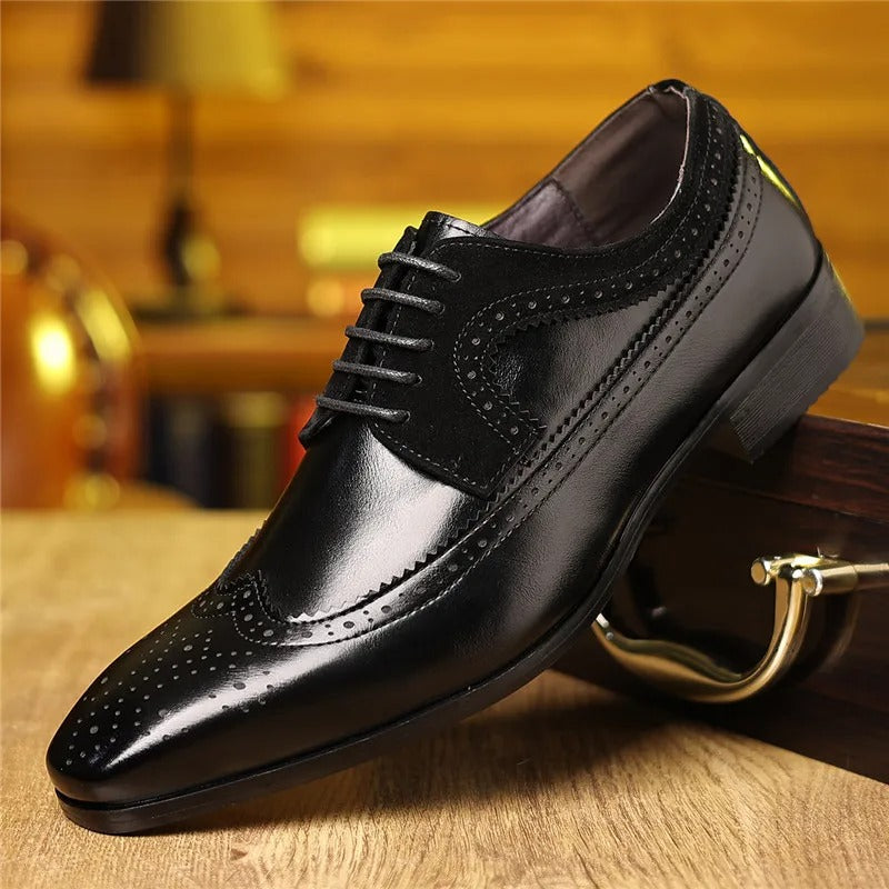 Pair of rich oxblood men's luxury brogue Oxford shoes, a smart choice for any men's fashion ensemble.