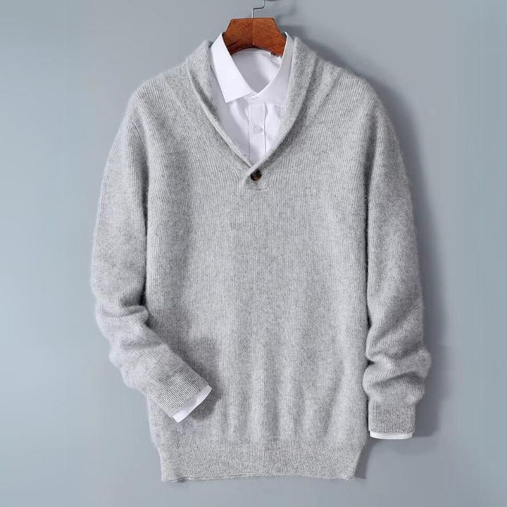 Men's luxury cashmere blend V-neck sweater in a classic knit, perfect for winter fashion