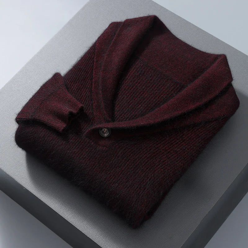Close-up of a men's cashmere blend V-neck sweater showing the soft texture and knit pattern