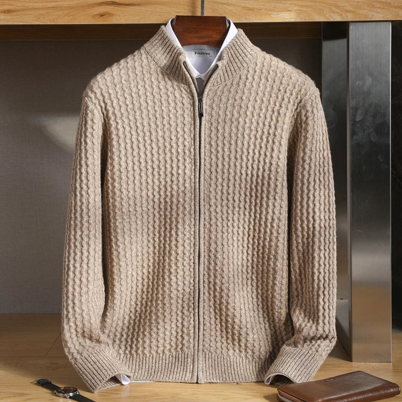Men's luxury cashmere half-zip sweater in a classic knit, perfect for winter fashion.
