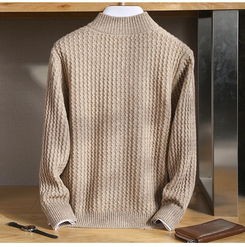 Stylish men's half-zip cashmere sweater, ideal for a refined winter fashion look.