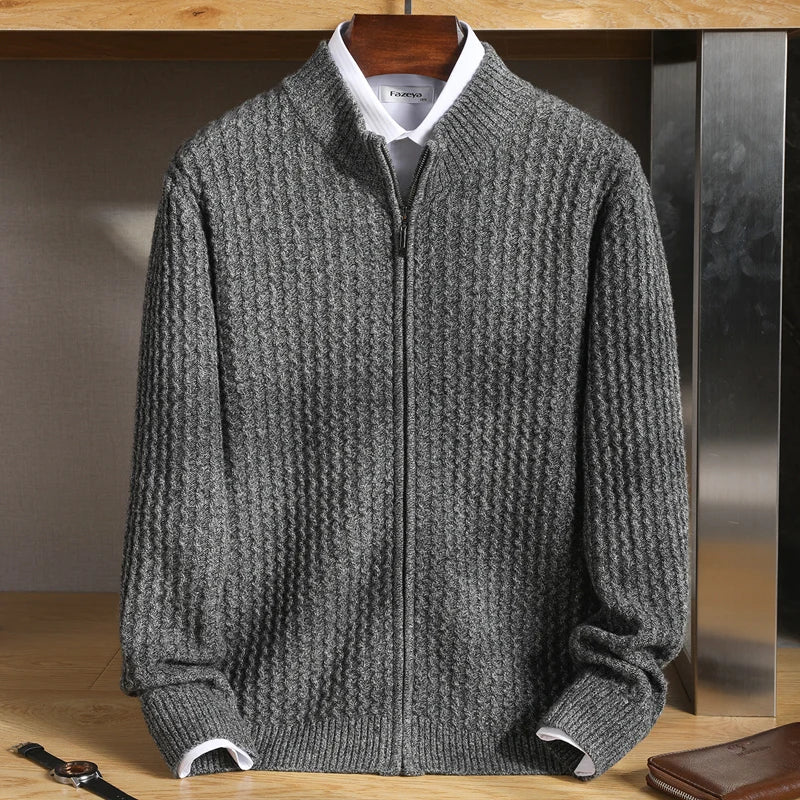 Detailed view of the half-zip collar on a men's luxury cashmere sweater, showing craftsmanship.