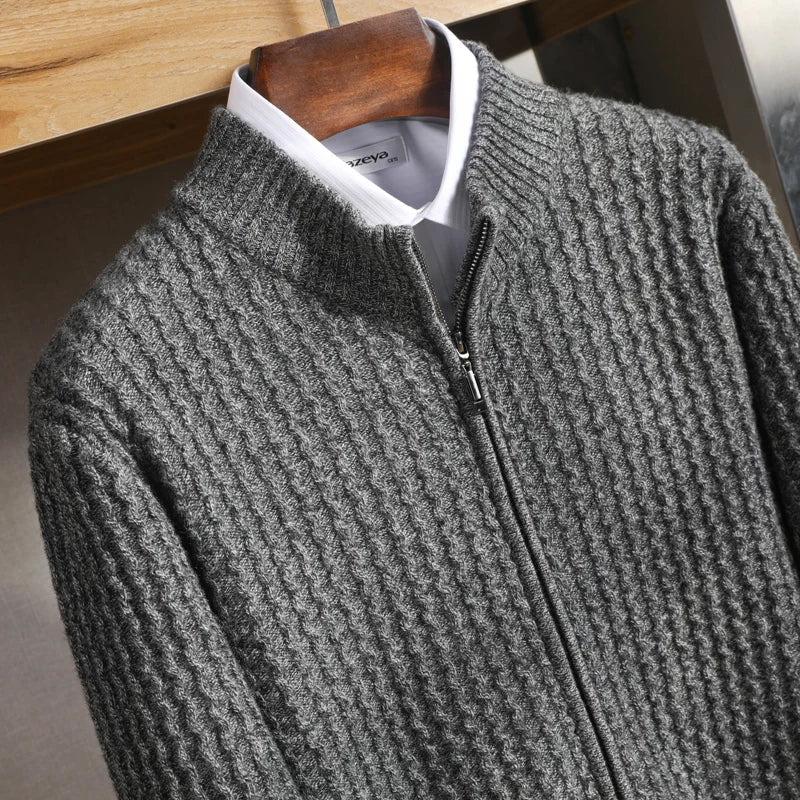 Full shot of a men's cashmere half-zip sweater, showcasing its luxurious texture and fit.