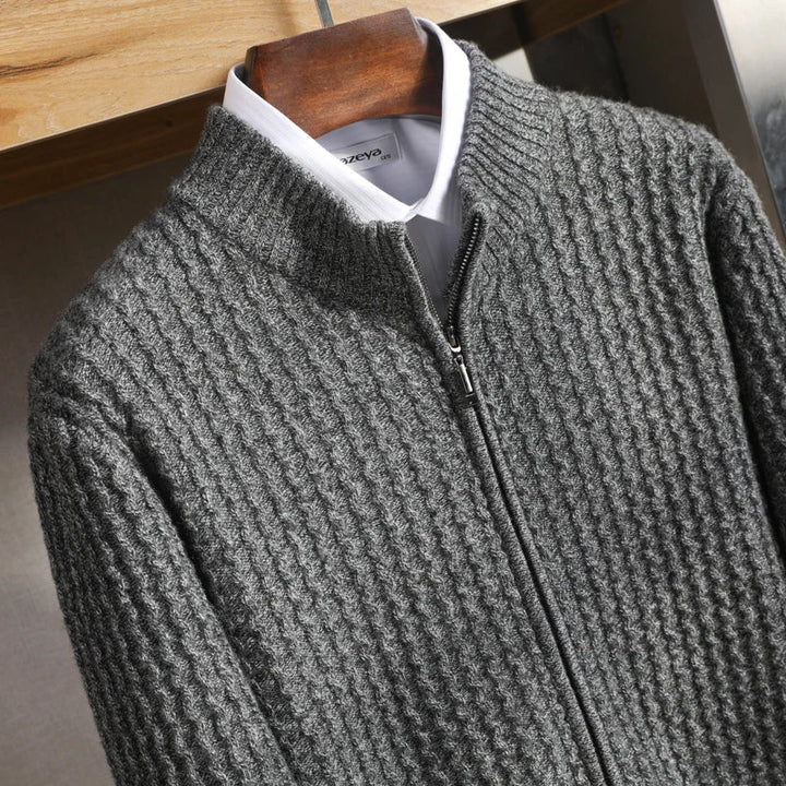 Full shot of a men's cashmere half-zip sweater, showcasing its luxurious texture and fit.