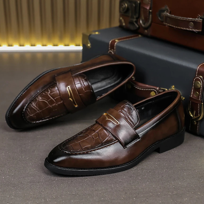 Stylish men's black luxury croc-embossed loafers, perfect for dress or business casual