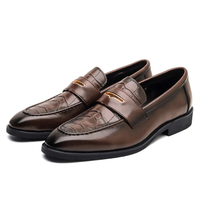 Side view of men's luxury croc-embossed loafers, detailed leather texture, classic men's fashion