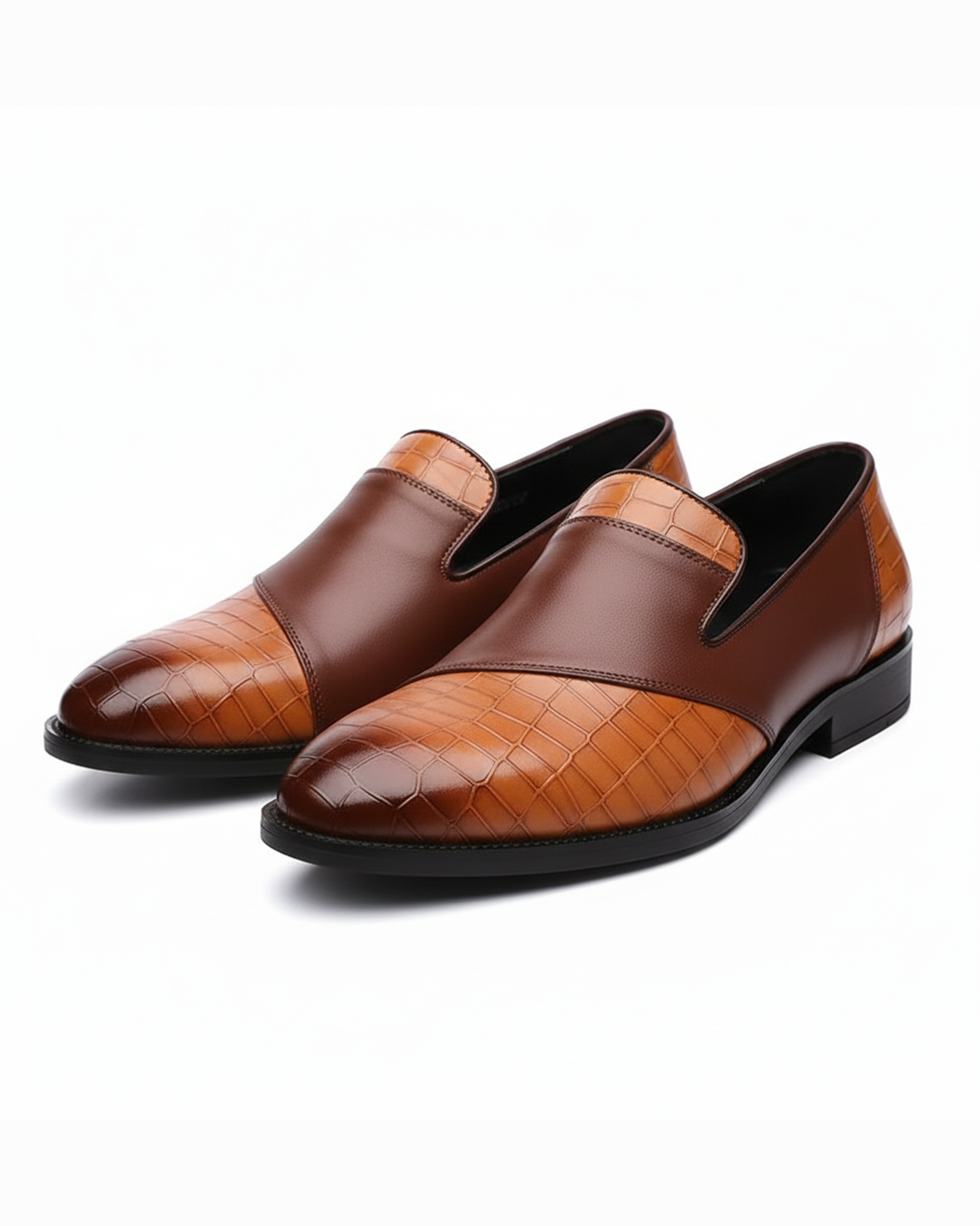 Men's luxury croc-textured black slip-on loafer dress shoes, elegant formal footwear