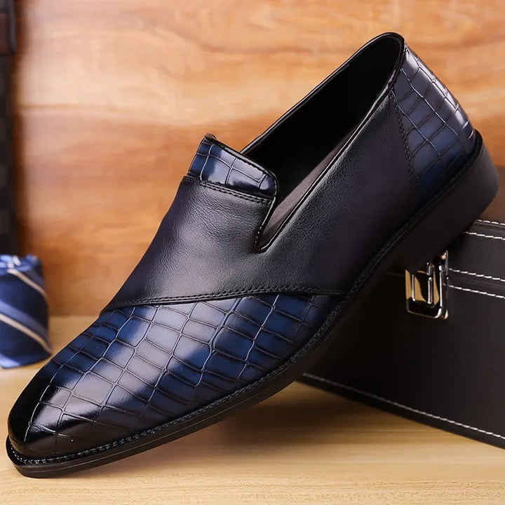 Men's smart casual black loafers featuring an upscale croc-texture design
