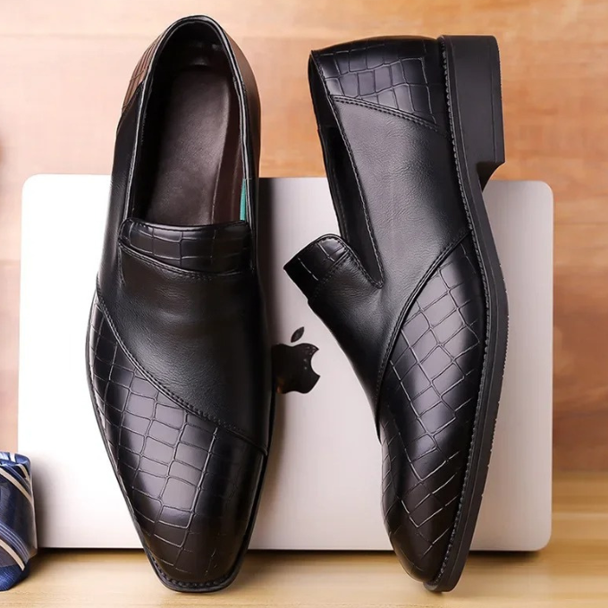 Fashionable men's loafer dress shoes with a unique croc-textured finish