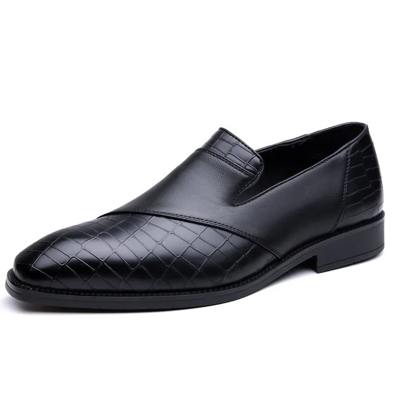 Elegant black croc-textured men's slip-on loafers, showcasing exquisite detailing