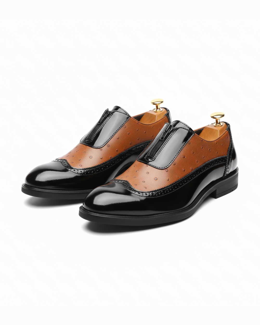 Men's luxury ostrich texture patent leather dress shoes, slip-on style with zipper, formal footwear