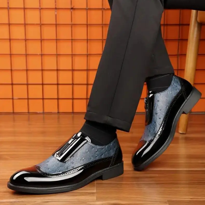 High-fashion men's formal shoes, slip-on patent leather with exotic ostrich texture and zipper