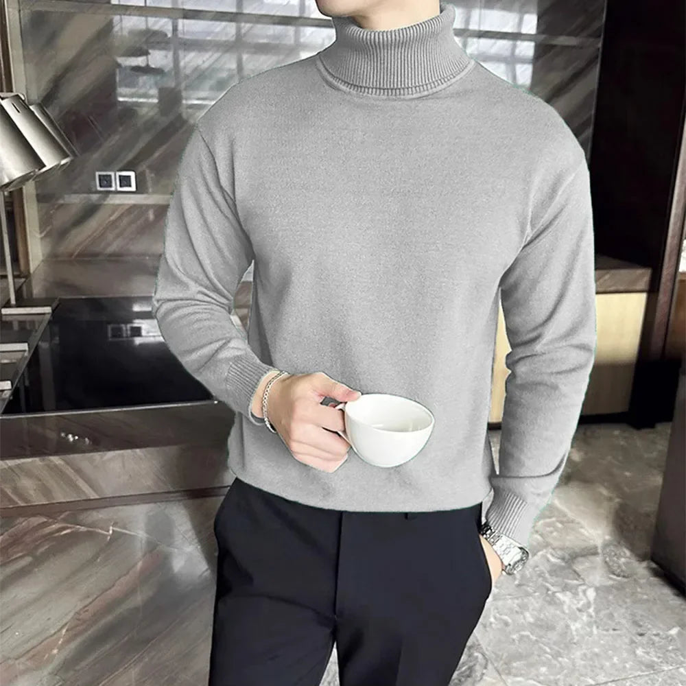 Stylish gray cashmere blend knit sweater for men, a luxurious and warm pullover for winter.