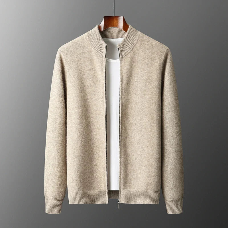 Men's luxury soft wool blend zip-front jacket in a minimalist style, perfect for fall fashion outerwear.