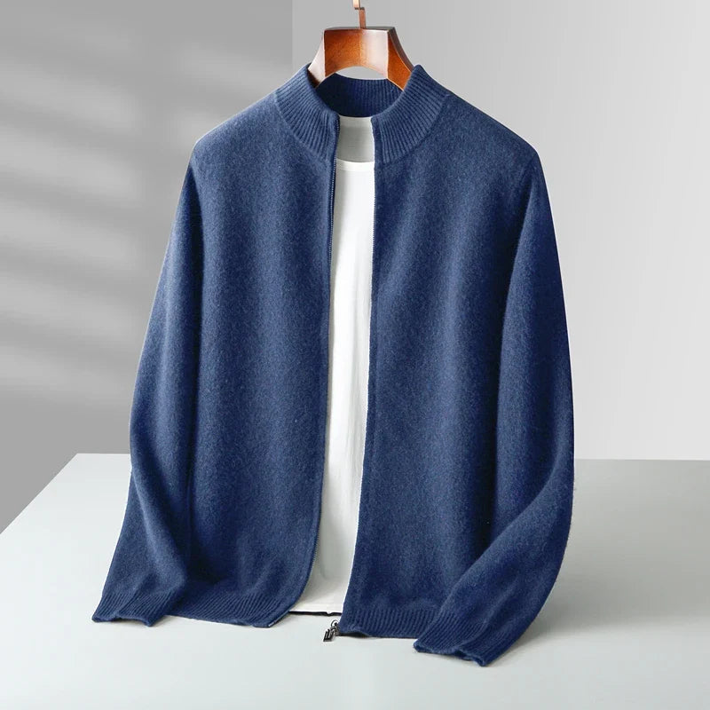 Close-up of the textured soft wool blend fabric of the men's casual zip jacket, ideal for winter.