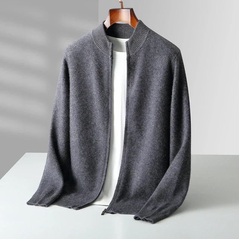 Full-body shot of a man wearing the men's luxury wool blend zip jacket, showcasing its comfortable fit.