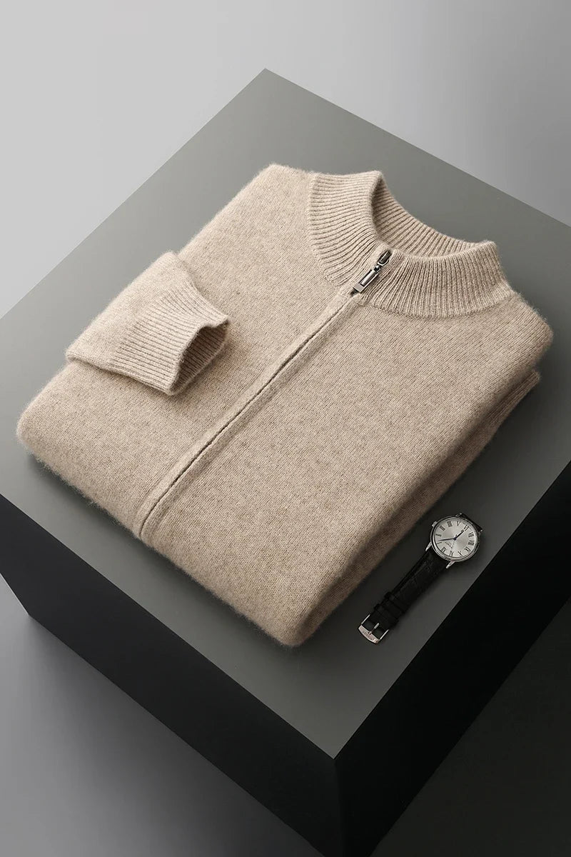 Side profile of the men's winter jacket, emphasizing the structure and softness of the wool blend zip jacket.