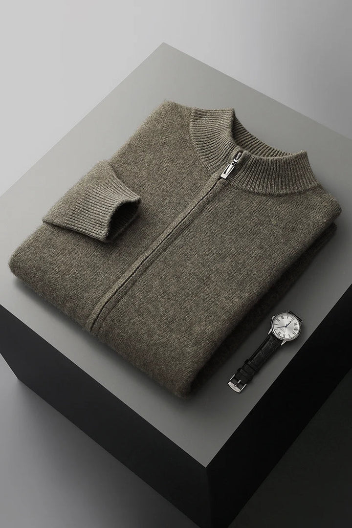 Close-up of the collar area of the men's luxury wool blend zip-front jacket, a key fall fashion piece.