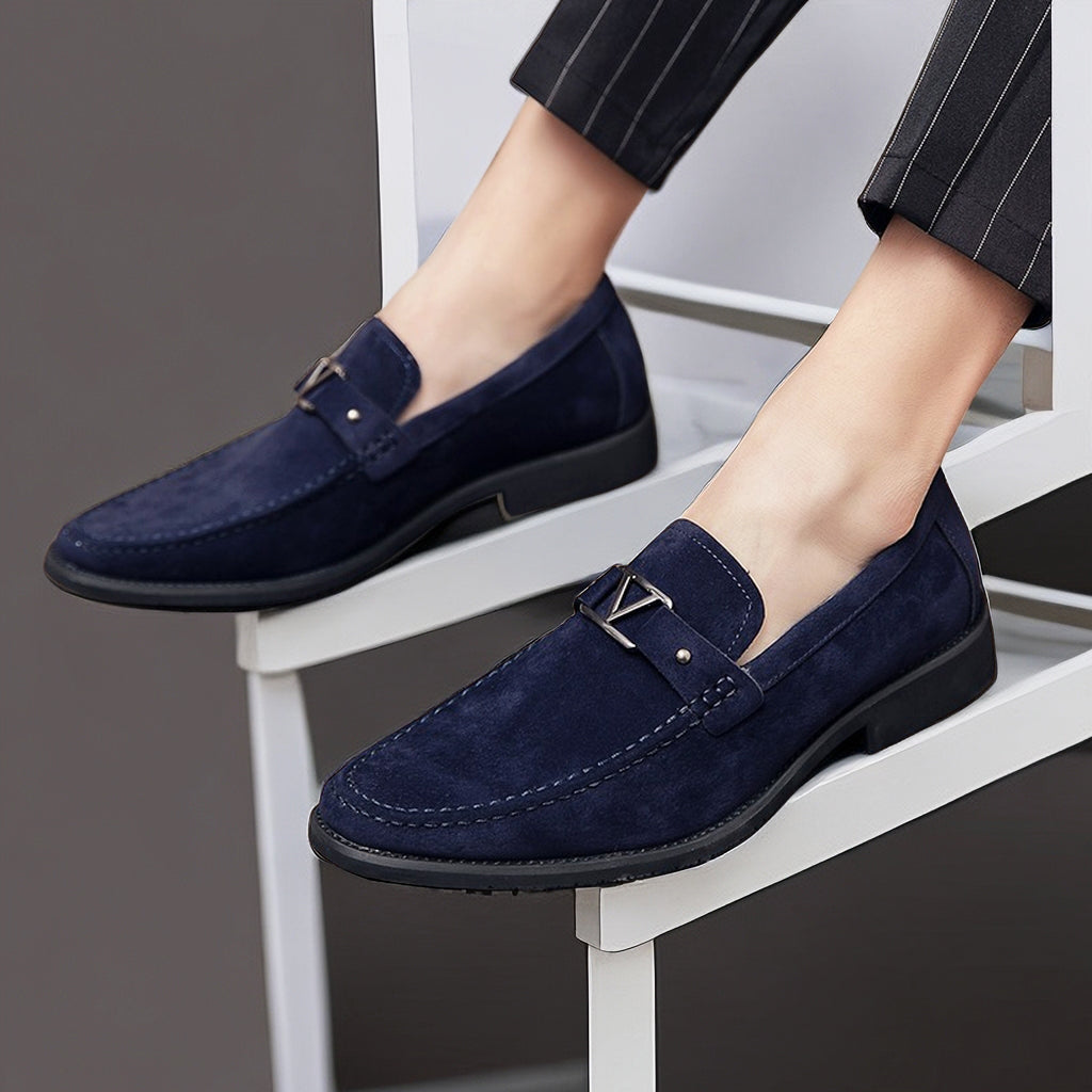 Elegant men's footwear, new arrival vegan suede loafers with a distinctive buckle.