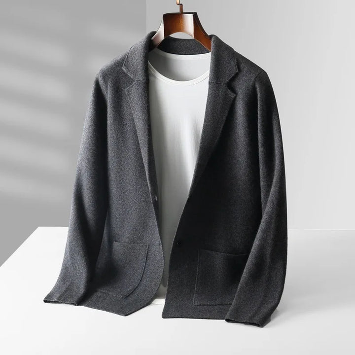 Close-up of men's premium cardigan texture, comfortable knitwear
