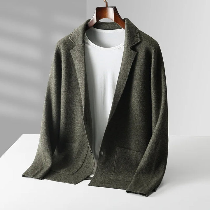 Stylish man wearing a charcoal men's luxury cardigan, casual outerwear