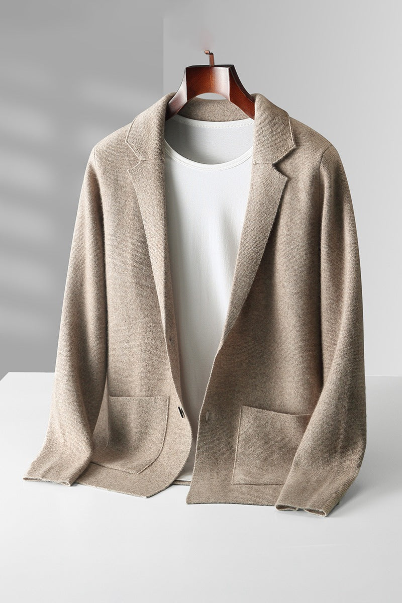 Side view of a men's long sleeve cardigan, essential winter fashion