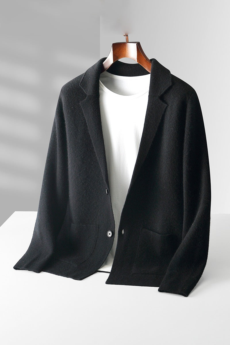 Men's luxury knitwear cardigan in navy, perfect for layering, premium look
