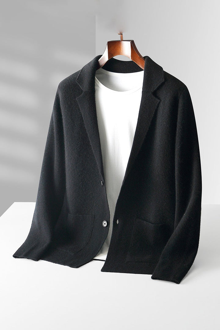 Men's luxury knitwear cardigan in navy, perfect for layering, premium look