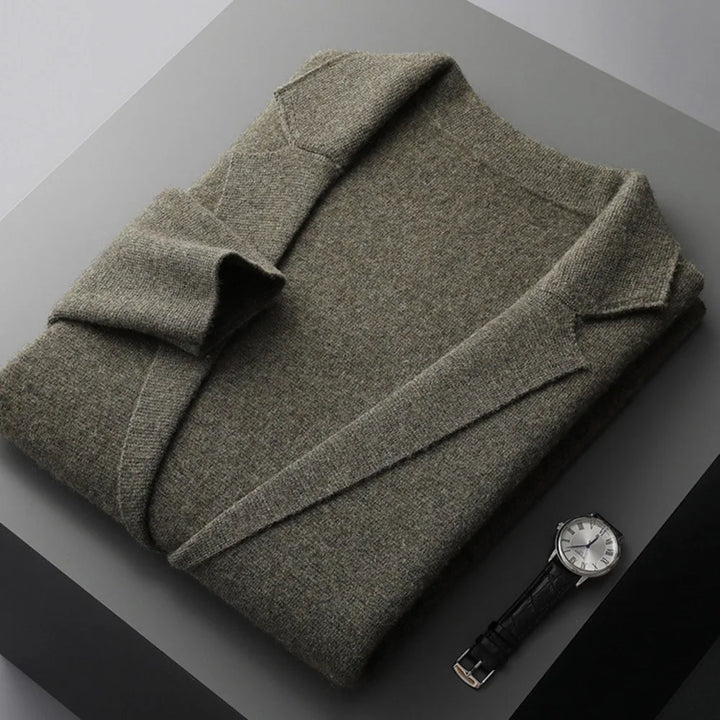 Elegant men's cardigan draped over a chair, ready-to-wear winter fashion