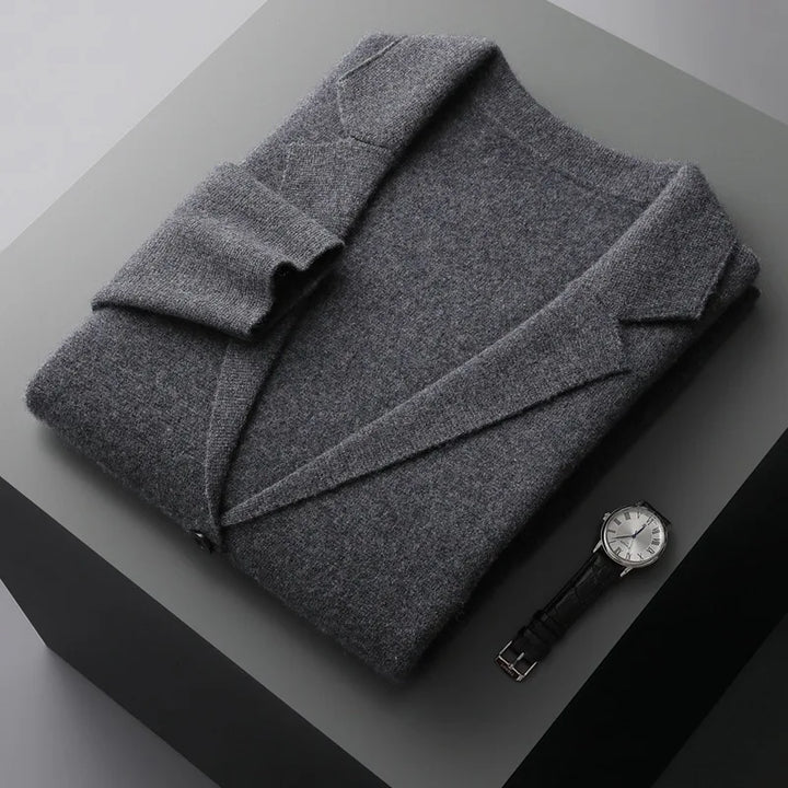 Model showcasing the fit of a men's luxury cardigan, comfortable & warm