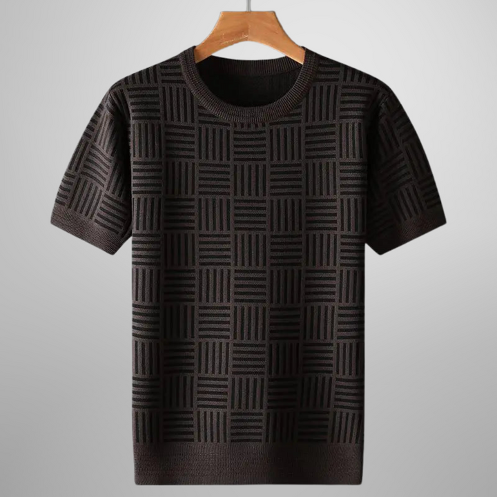 Versatile men's crew neck knit tee with modern geometric pattern. Comfortable men's top for everyday & casual style.