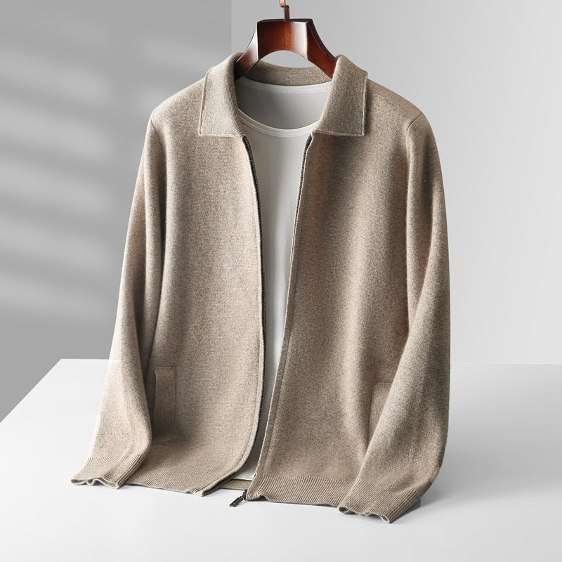Close-up of the textured merino wool fabric on a men's zip-up jacket, showing cloud soft feel