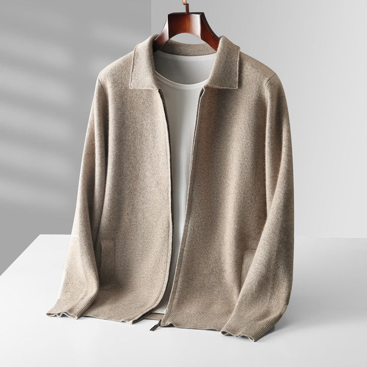 Close-up of the textured merino wool fabric on a men's zip-up jacket, showing cloud soft feel