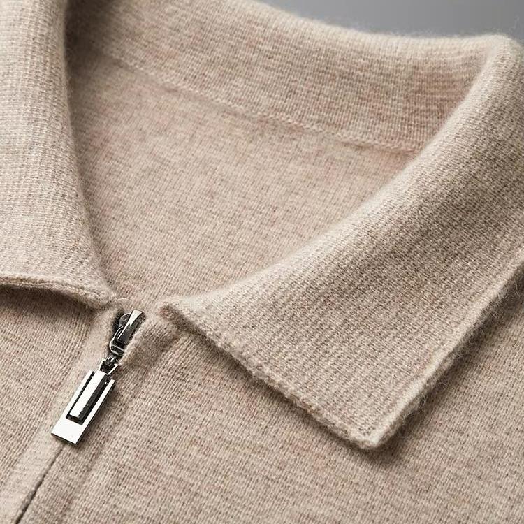 Detail of the durable zipper pull on the Men's Cloud Soft Merino Wool outerwear