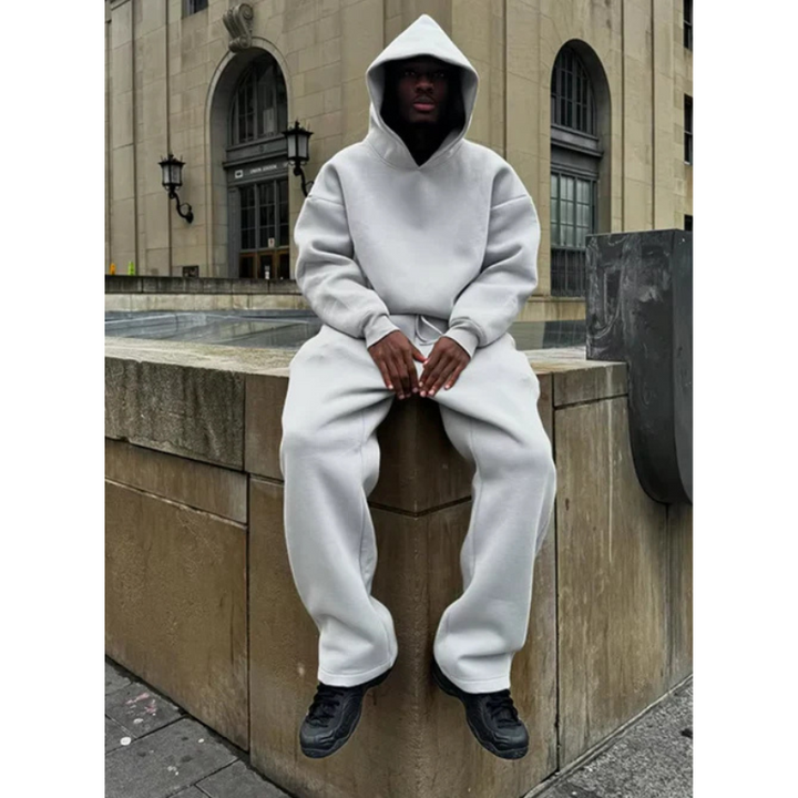 Two-piece men's hooded tracksuit in black, perfect for activewear or comfortable casual style