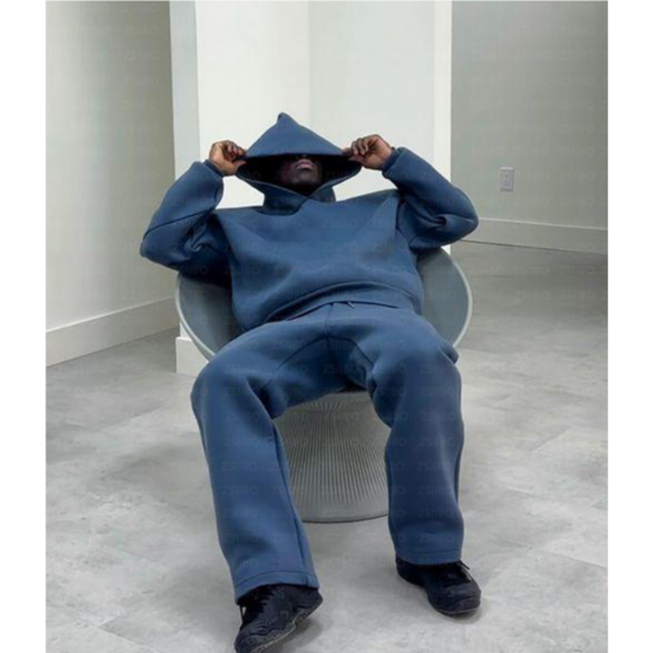 Comfortable men's two-piece hooded loungewear set in a neutral tone, great for home or casual outings