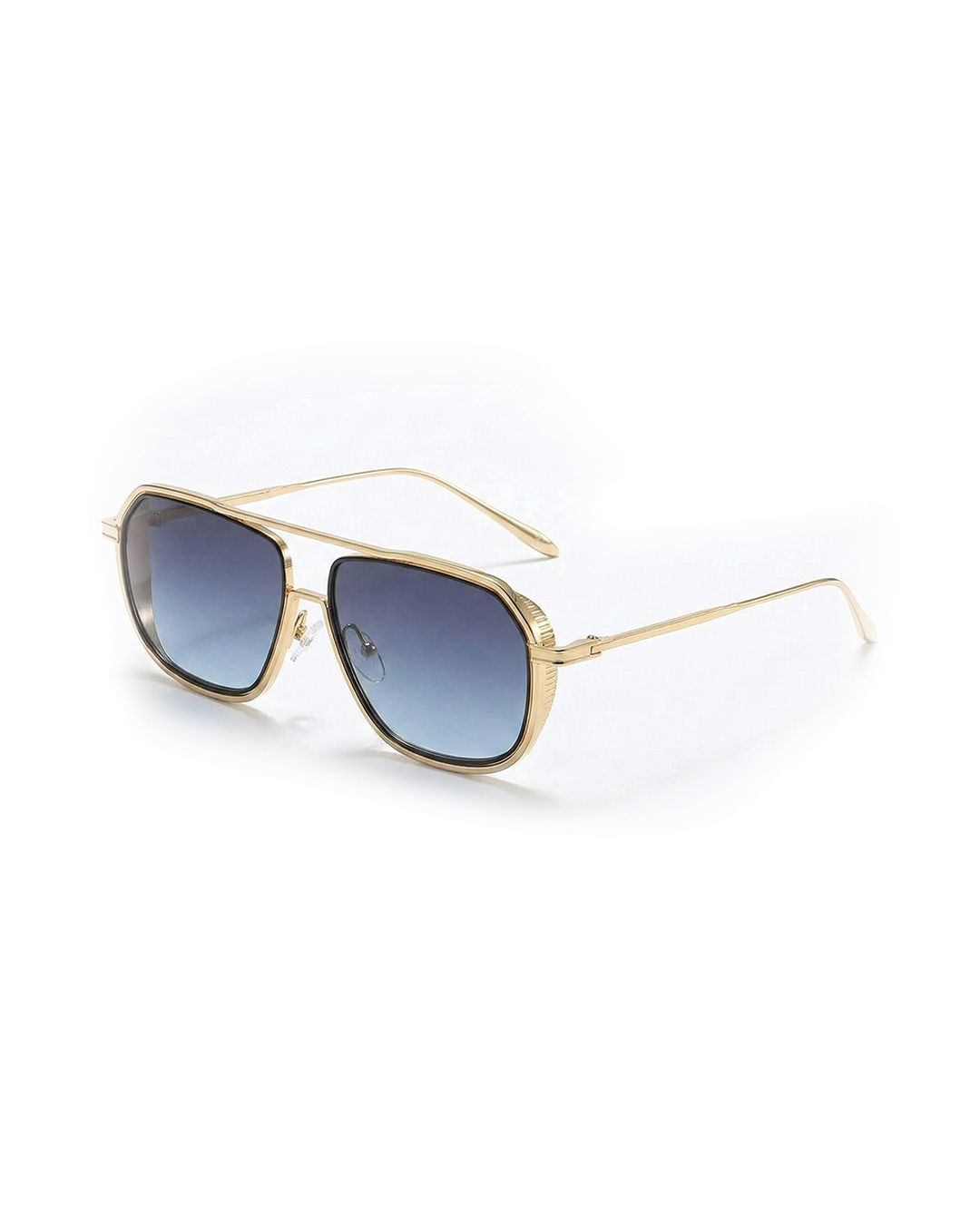 Men's modern aviator sunglasses with a glossy black alloy frame & square lenses, stylish eyewear.