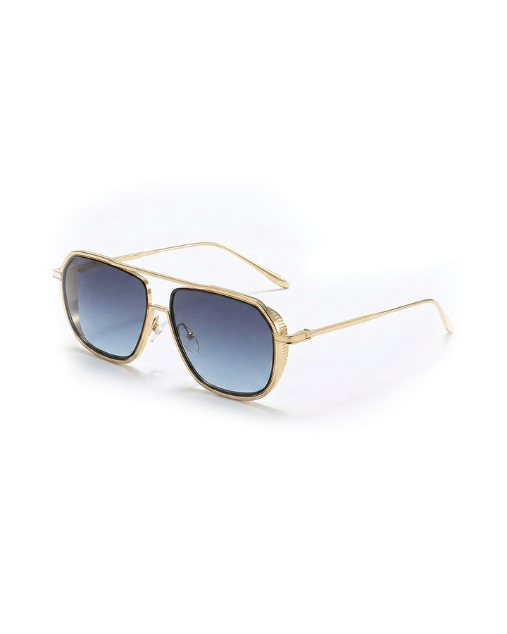 Men's modern aviator sunglasses with a glossy black alloy frame & square lenses, stylish eyewear.