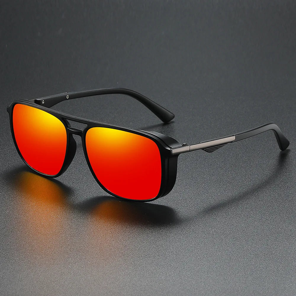 Protective men's aviator UV400 sunglasses with red tinted lenses, sleek modern metal frame design.