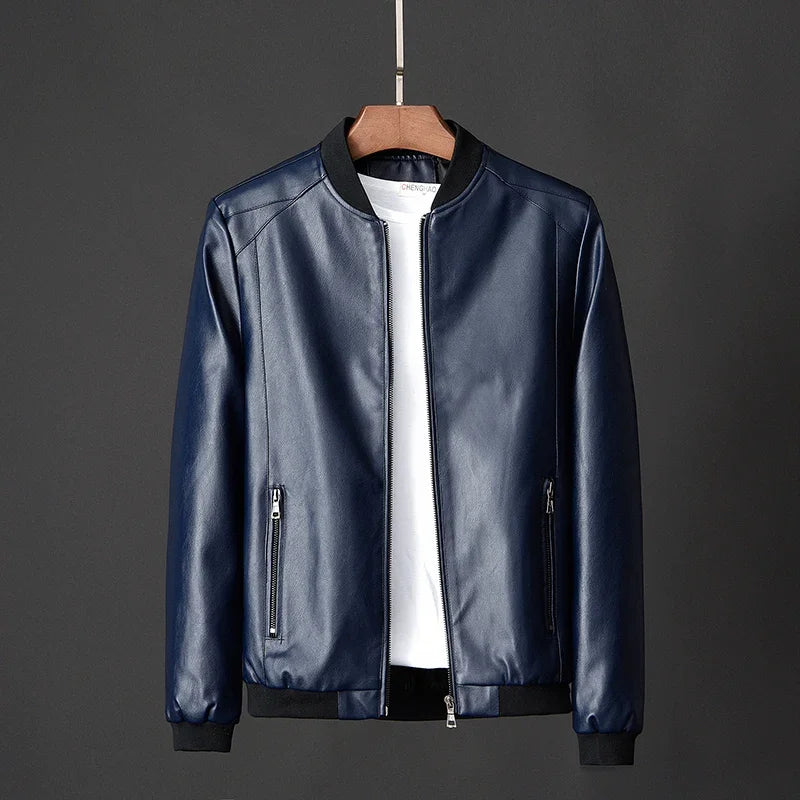 Fashionable men's plus size leather bomber jacket in black, perfect for casual outerwear.