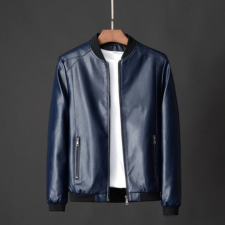 Fashionable men's plus size leather bomber jacket in black, perfect for casual outerwear.