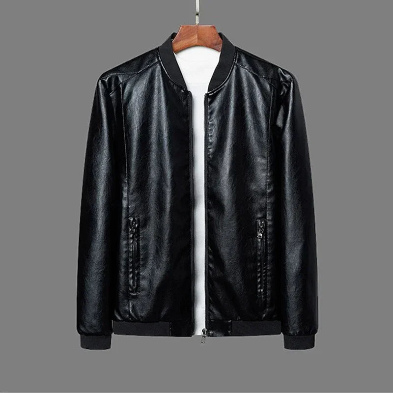 Close-up of a men's leather bomber jacket, showcasing the quality leather and zip detail.