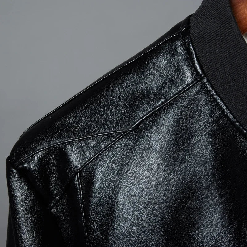 Black leather bomber jacket for men, a versatile and essential piece of casual outerwear.